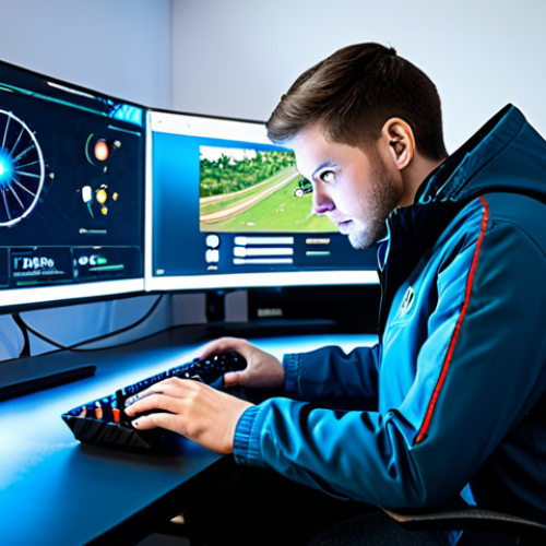 Home 6 A focused, professional male gamer, wearing a modest, high-tech gaming jacket, sitting comfortably at an ergonomic desk. In front of him, a large, translucent holographic display shows intricate game character statistics, skill trees, and gear optimization options. The room is a clean, modern gaming setup with ambient LED lighting, reflecting a strategic and analytical atmosphere. The image is rendered with professional photography, high detail, and a realistic style. Fully clothed, appropriate attire, safe for work, perfect anatomy, correct proportions, natural pose, well-formed hands, proper finger count, natural body proportions, appropriate content, family-friendly.