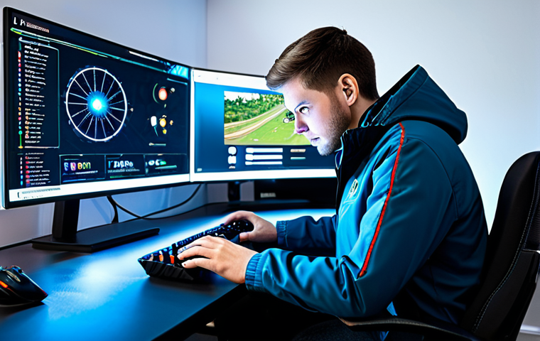 A focused, professional male gamer, wearing a modest, high-tech gaming jacket, sitting comfortably at an ergonomic desk. In front of him, a large, translucent holographic display shows intricate game character statistics, skill trees, and gear optimization options. The room is a clean, modern gaming setup with ambient LED lighting, reflecting a strategic and analytical atmosphere. The image is rendered with professional photography, high detail, and a realistic style. Fully clothed, appropriate attire, safe for work, perfect anatomy, correct proportions, natural pose, well-formed hands, proper finger count, natural body proportions, appropriate content, family-friendly.
